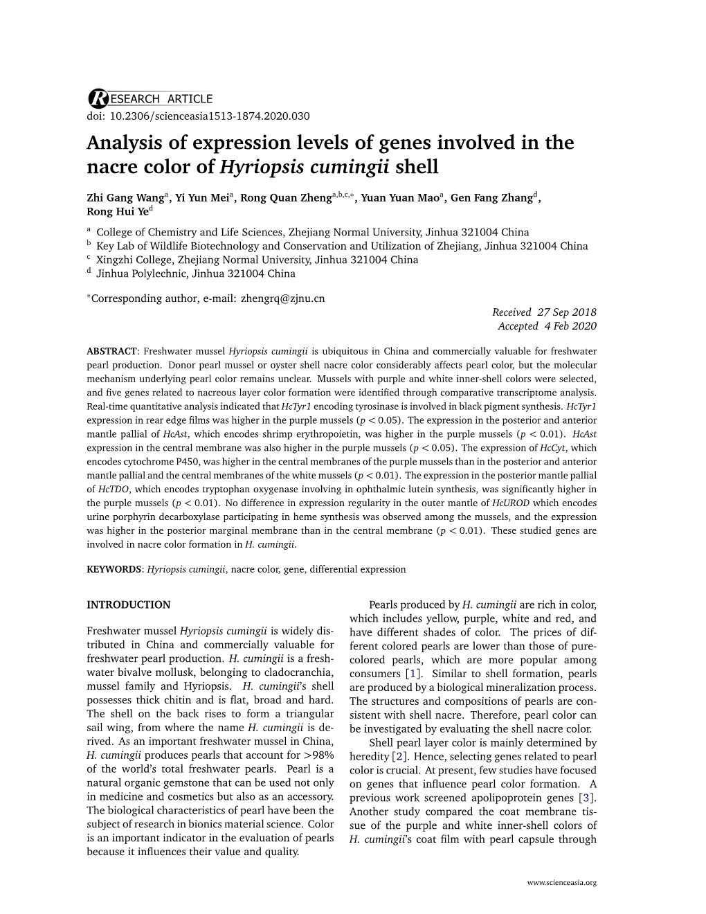 Analysis of Expression Levels of Genes Involved in the Nacre Color of Hyriopsis Cumingii Shell