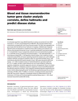 Blood and Tissue Neuroendocrine Tumor Gene Cluster Analysis Correlate, Deﬁne Hallmarks and Predict Disease Status
