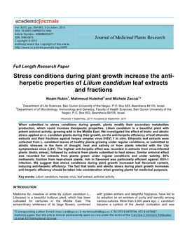 Stress Conditions During Plant Growth Increase the Anti- Herpetic Properties of Lilium Candidum Leaf Extracts and Fractions