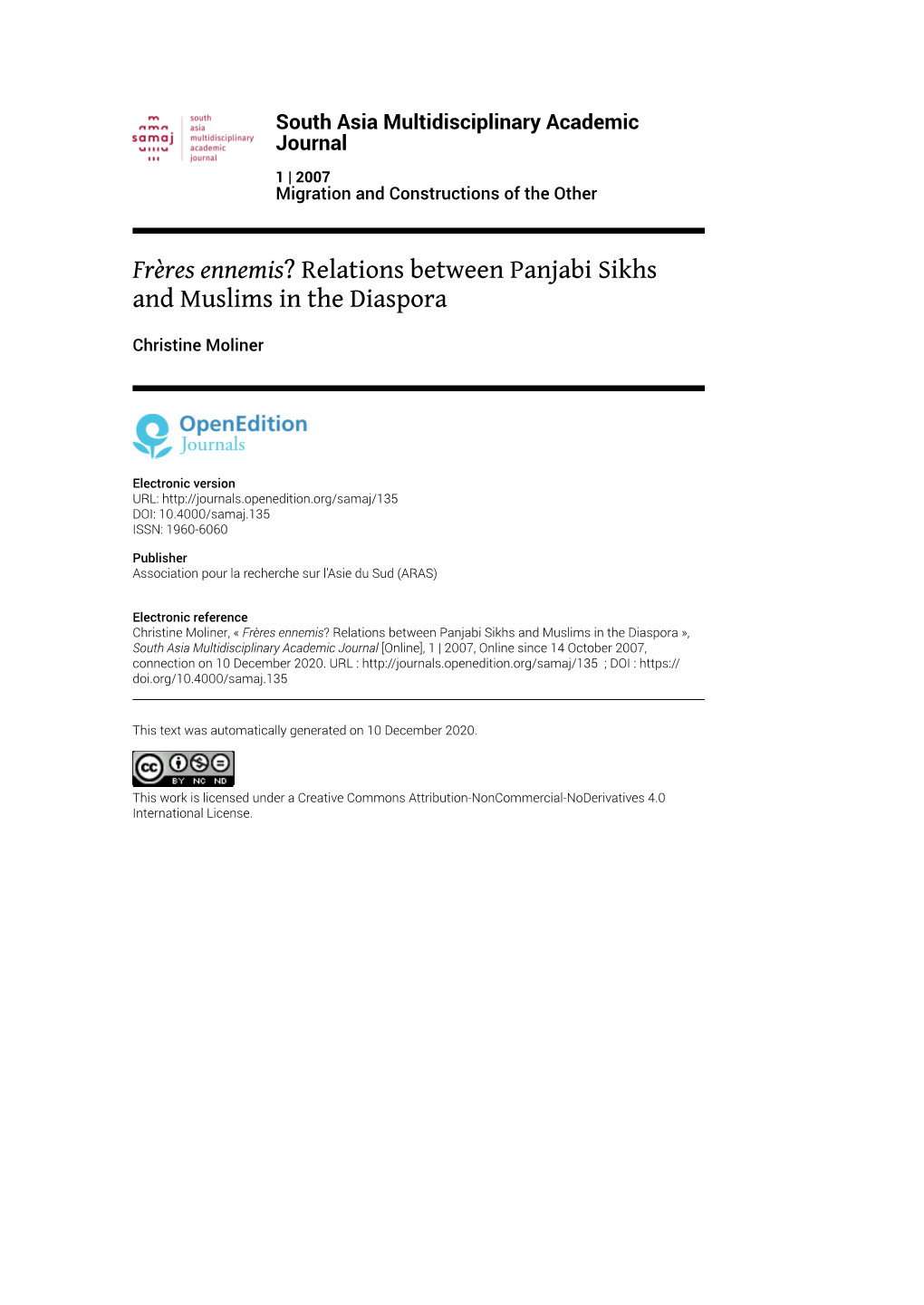 South Asia Multidisciplinary Academic Journal, 1 | 2007 Frères Ennemis? Relations Between Panjabi Sikhs and Muslims in the Diaspora 2