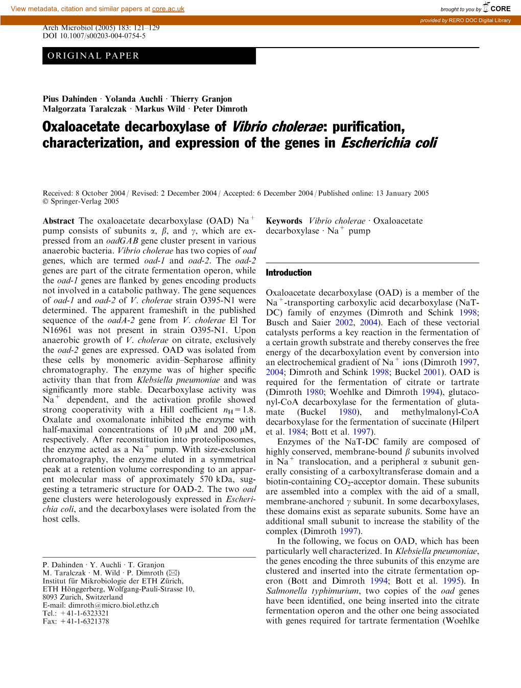 Oxaloacetate Decarboxylase of Vibrio Cholerae: Puriﬁcation, Characterization, and Expression of the Genes in Escherichia Coli