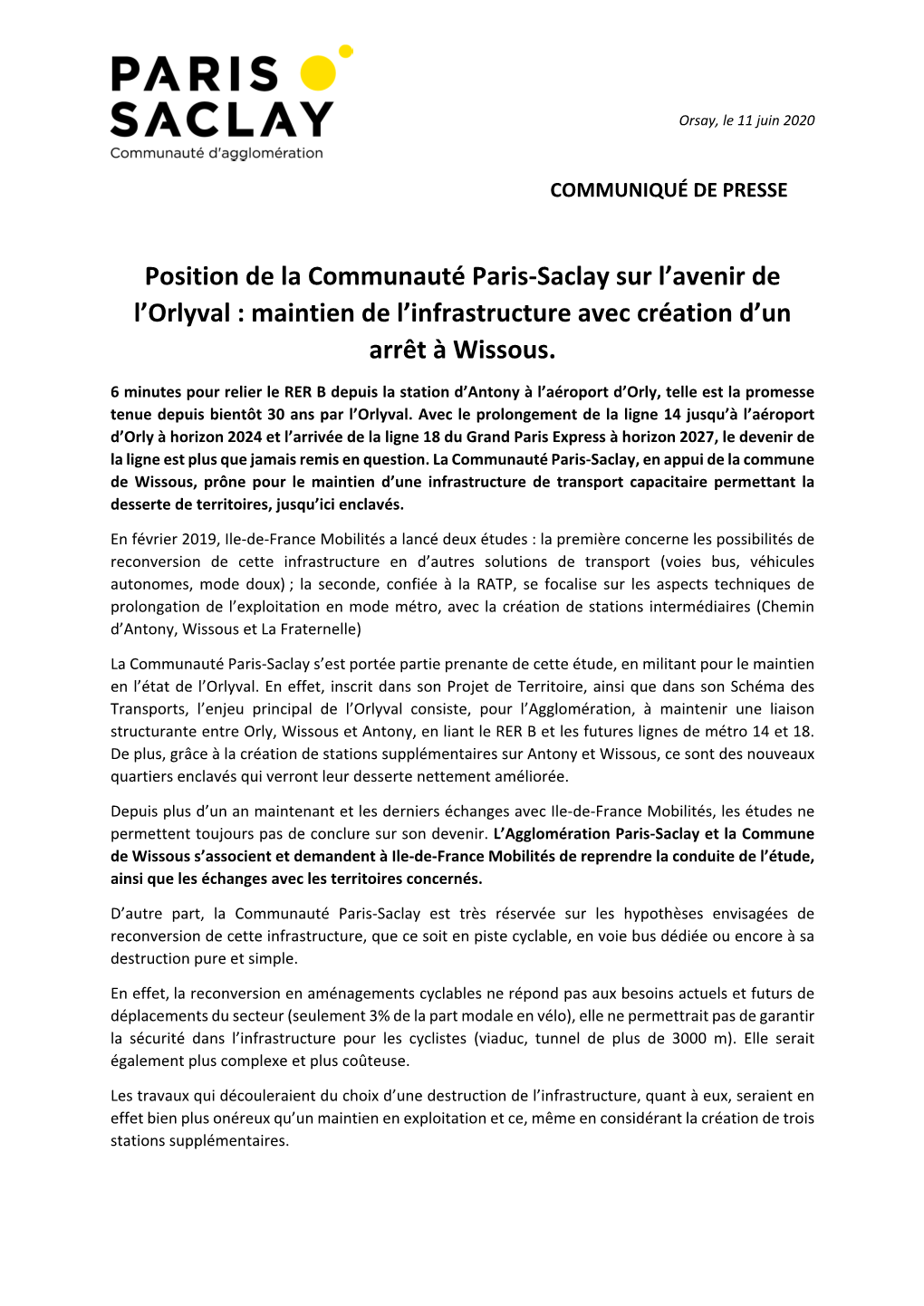 Position De La Communauté Paris-Saclay Sur L'avenir De L'orlyval