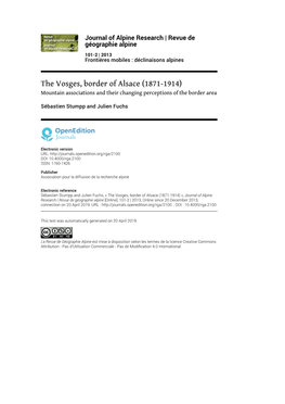 The Vosges, Border of Alsace (1871-1914) Mountain Associations and Their Changing Perceptions of the Border Area