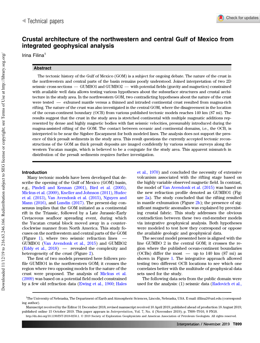 Crustal Architecture of the Northwestern and Central Gulf of Mexico from Integrated Geophysical Analysis Irina Filina1