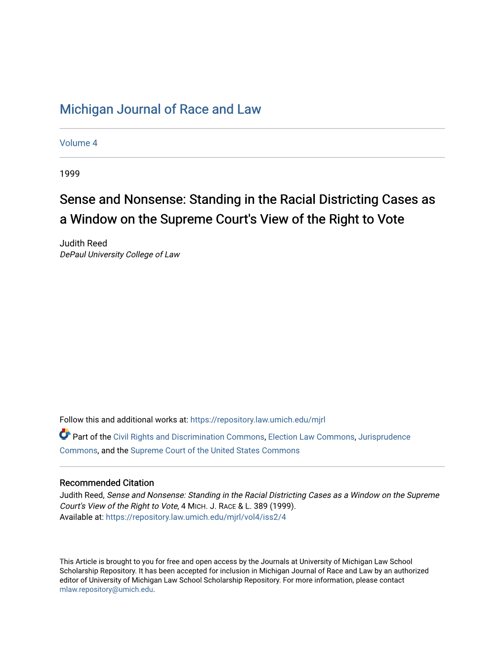 Sense and Nonsense: Standing in the Racial Districting Cases As a Window on the Supreme Court's View of the Right to Vote