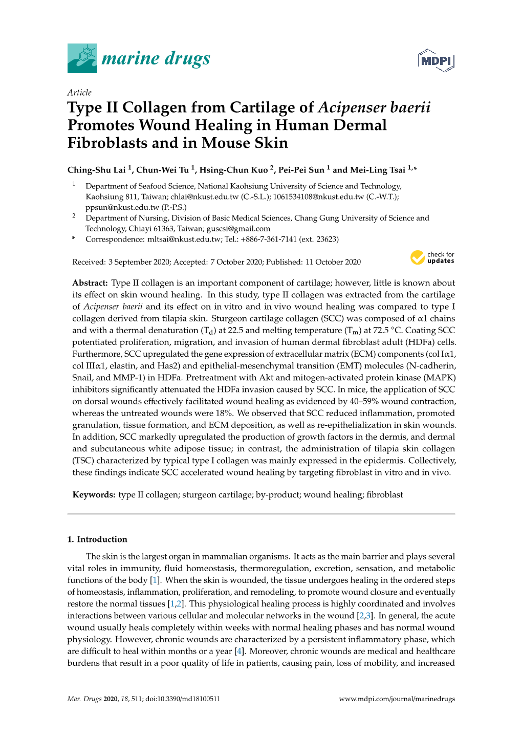 Type II Collagen from Cartilage of Acipenser Baerii Promotes Wound Healing in Human Dermal Fibroblasts and in Mouse Skin