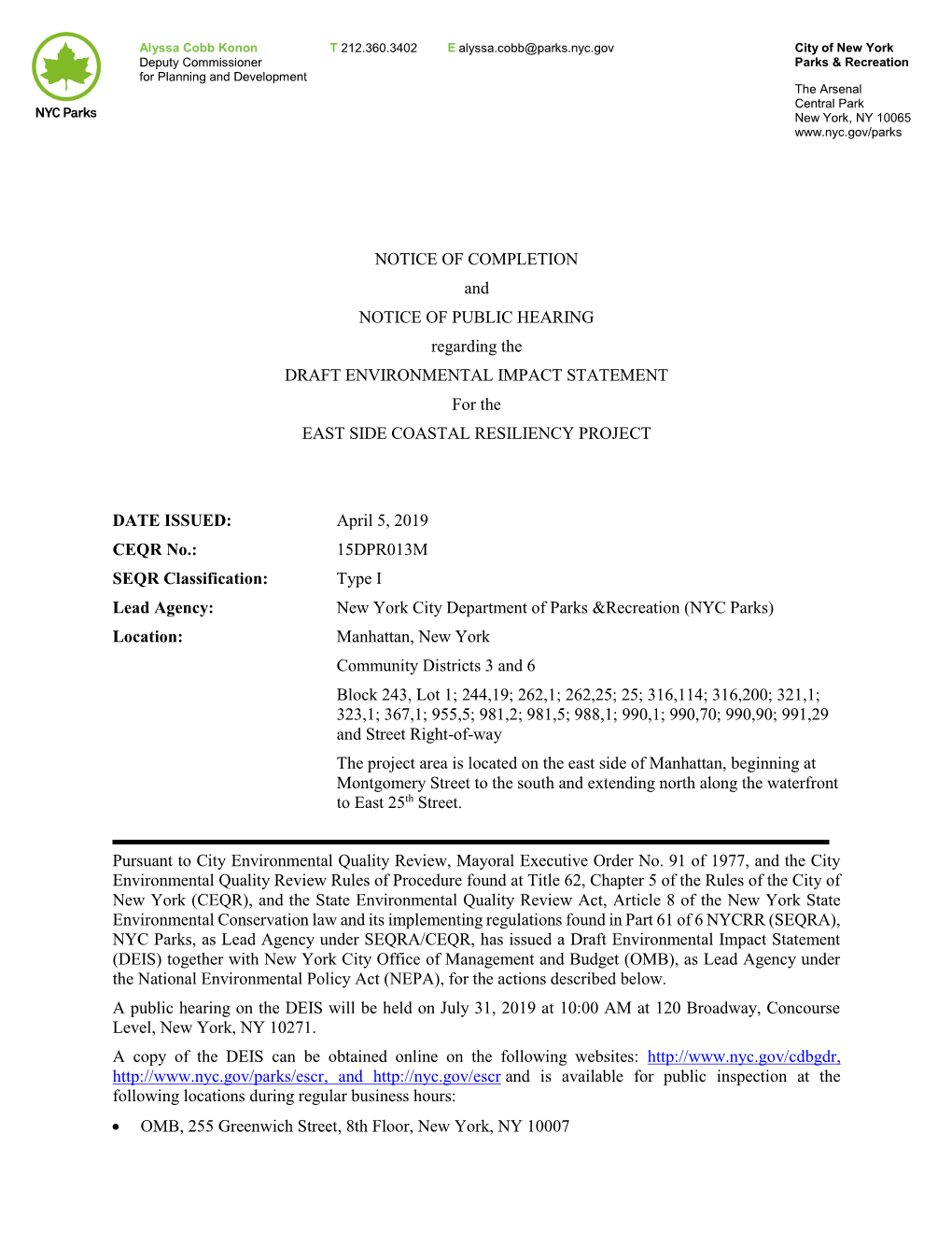 Notice of Completion (April 5, 2019)