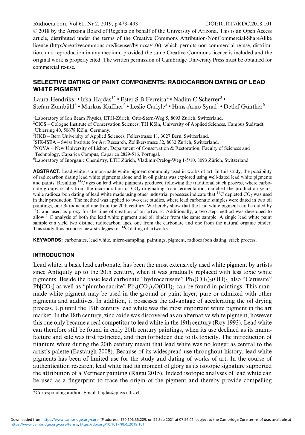 RADIOCARBON DATING of LEAD WHITE PIGMENT Laura Hendriks1