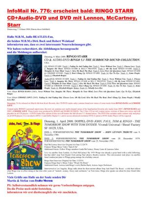 Infomail Nr. 776: Erscheint Bald: RINGO STARR CD+Audio-DVD Und DVD Mit Lennon, Mccartney, Starr Donnerstag, 7
