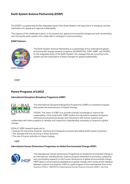 Earth System Science Partnership (ESSP) Parent Programs of LOICZ
