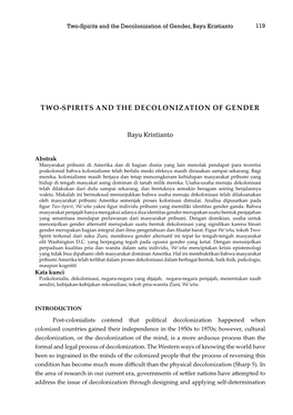 TWO-SPIRITS and the DECOLONIZATION of GENDER Bayu Kristianto