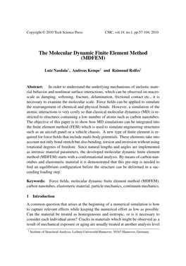The Molecular Dynamic Finite Element Method (MDFEM)