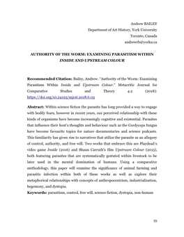 Andrew BAILEY Department of Art History, York University Toronto, Canada Andrewrb@Yorku.Ca AUTHORITY of the WORM: EXAMINING PARA