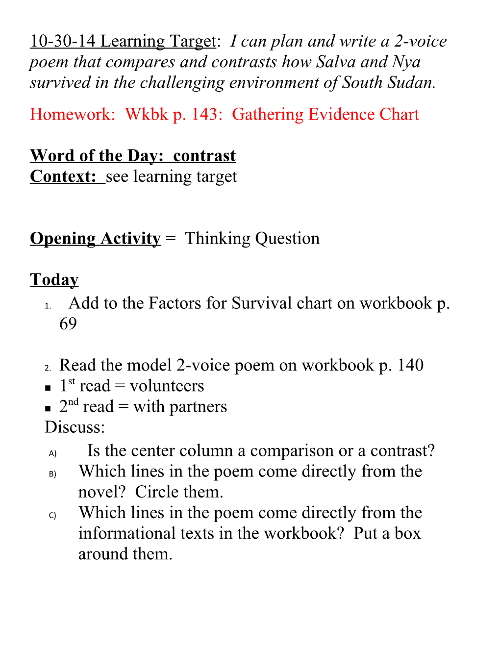 Homework: Wkbk P. 143: Gathering Evidence Chart