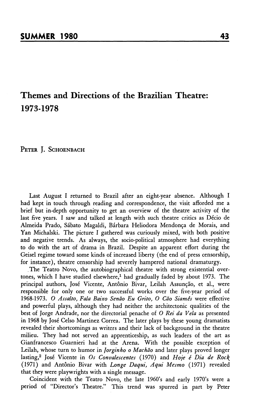 Themes and Directions of the Brazilian Theatre: 1973-1978