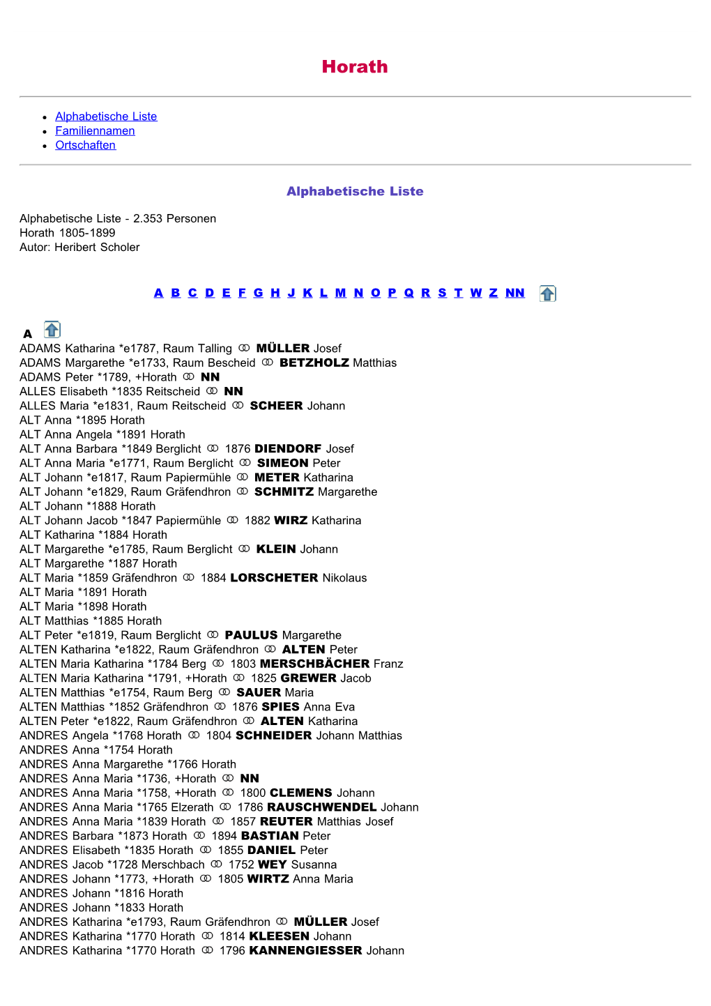 ABC-Listen Zum Fmilienbuch Rk. Horath 1805-1899
