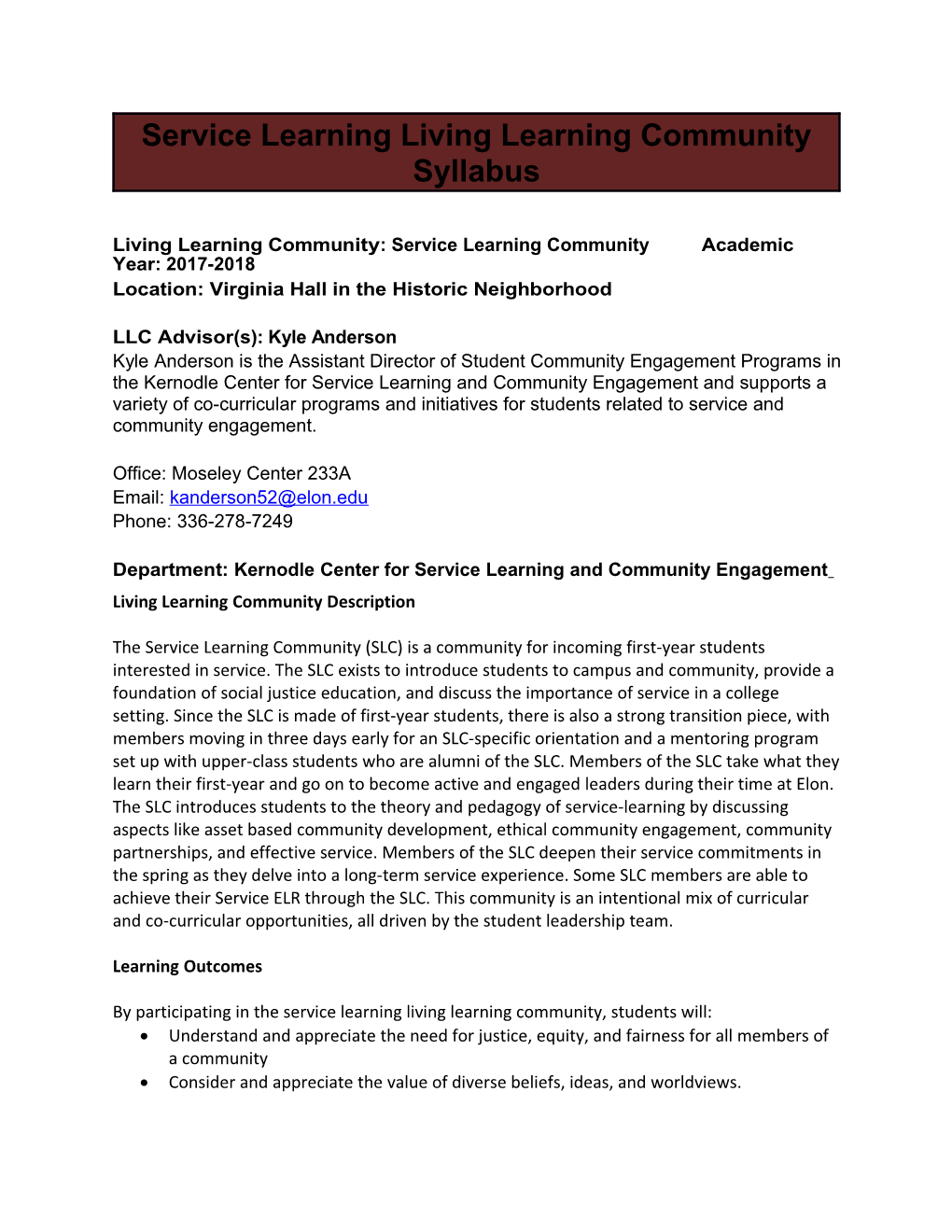 Service Learning Living Learning Community Syllabus