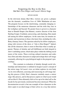 Forgetting the Boy in the Box: Mad Men’S Don Draper and Lacan’S Mirror Stage