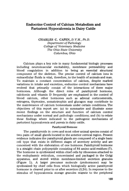 Endocrine Control of Calcium Metabolism and Parturient Hypocalcemia in Dairy Cattle