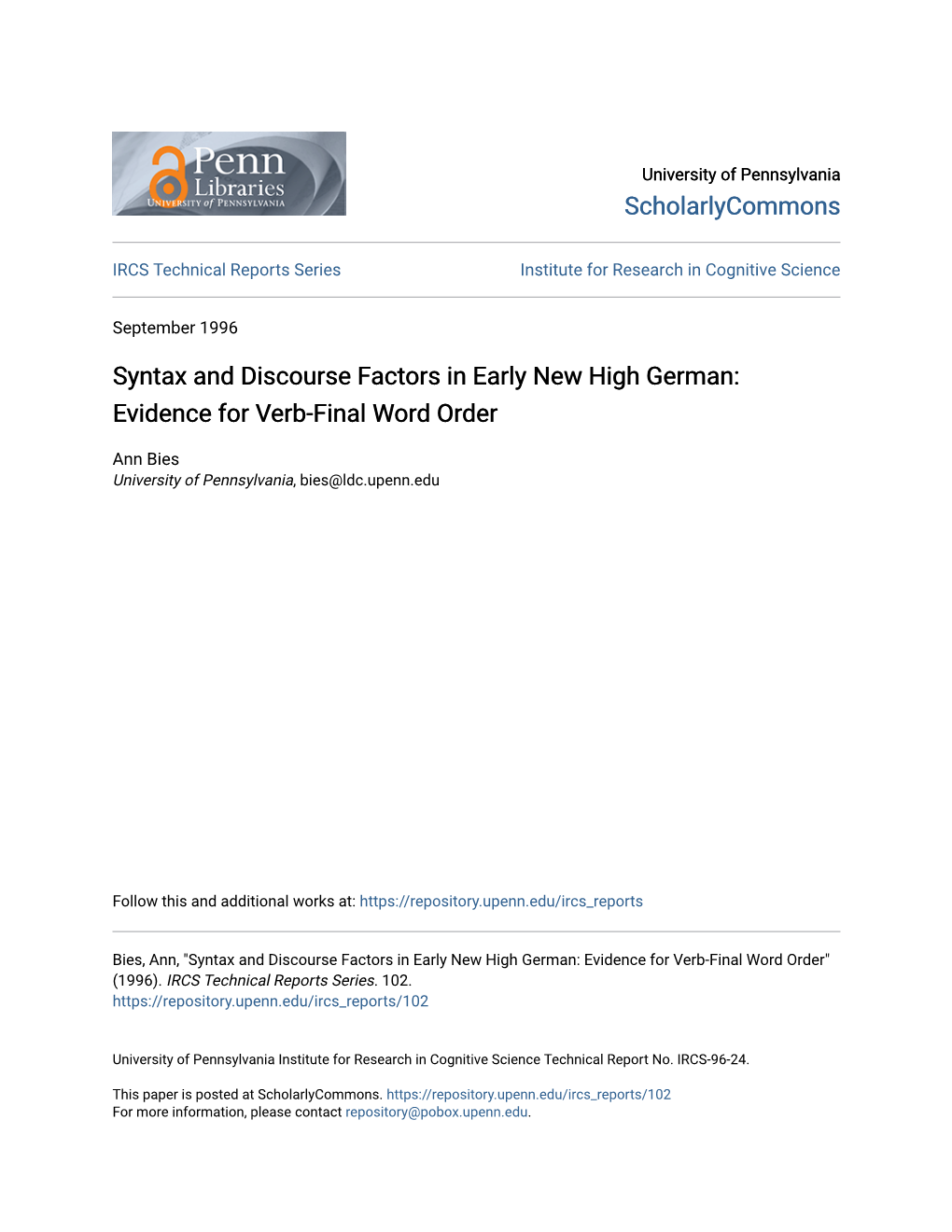 Syntax and Discourse Factors in Early New High German: Evidence for Verb-Final Word Order