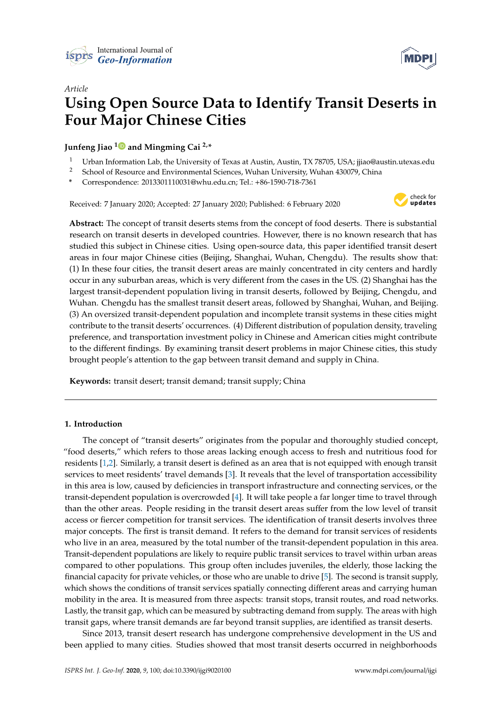 Using Open Source Data to Identify Transit Deserts in Four Major Chinese Cities