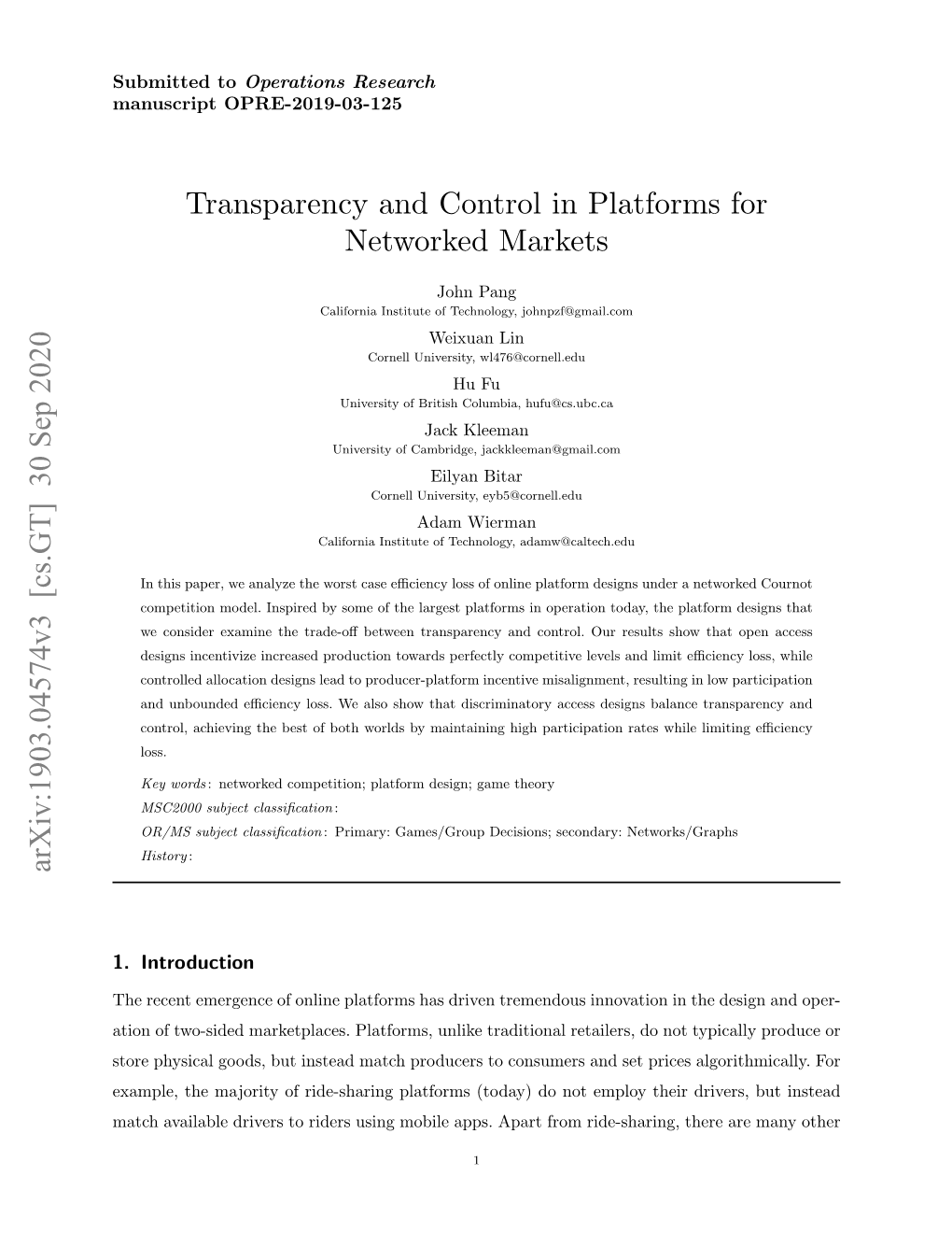 Transparency and Control in Platforms for Networked Markets