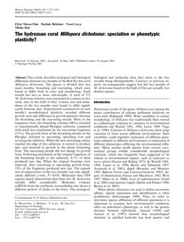 The Hydrozoan Coral Millepora Dichotoma: Speciation Or Phenotypic Plasticity?