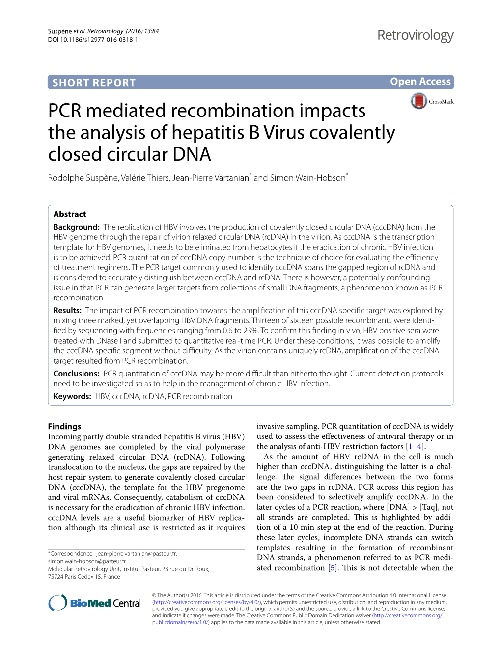 PCR Mediated Recombination Impacts the Analysis of Hepatitis B Virus
