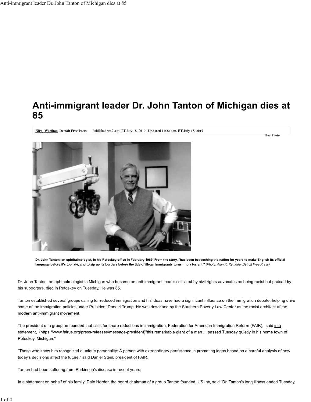 Anti-Immigrant Leader Dr. John Tanton of Michigan Dies at 85