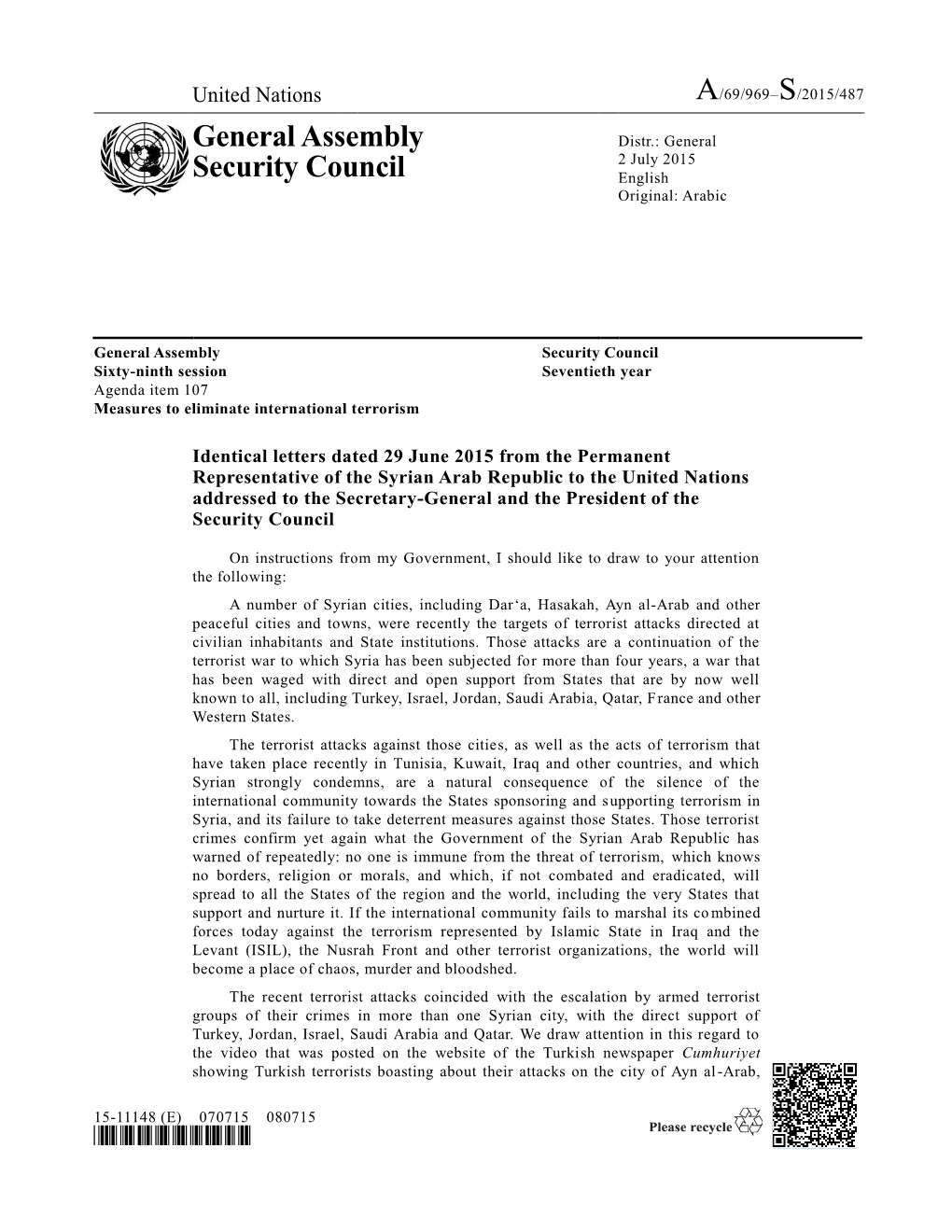 General Assembly Security Council Sixty-Ninth Session Seventieth Year Agenda Item 107 Measures to Eliminate International Terrorism