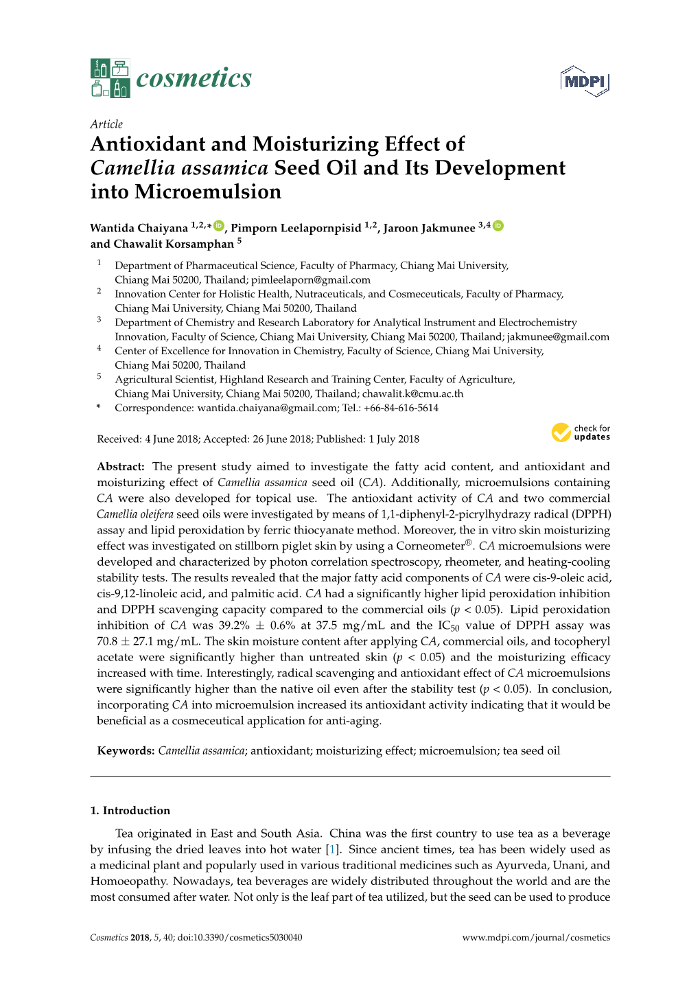 Antioxidant and Moisturizing Effect of Camellia Assamica Seed Oil and Its Development Into Microemulsion