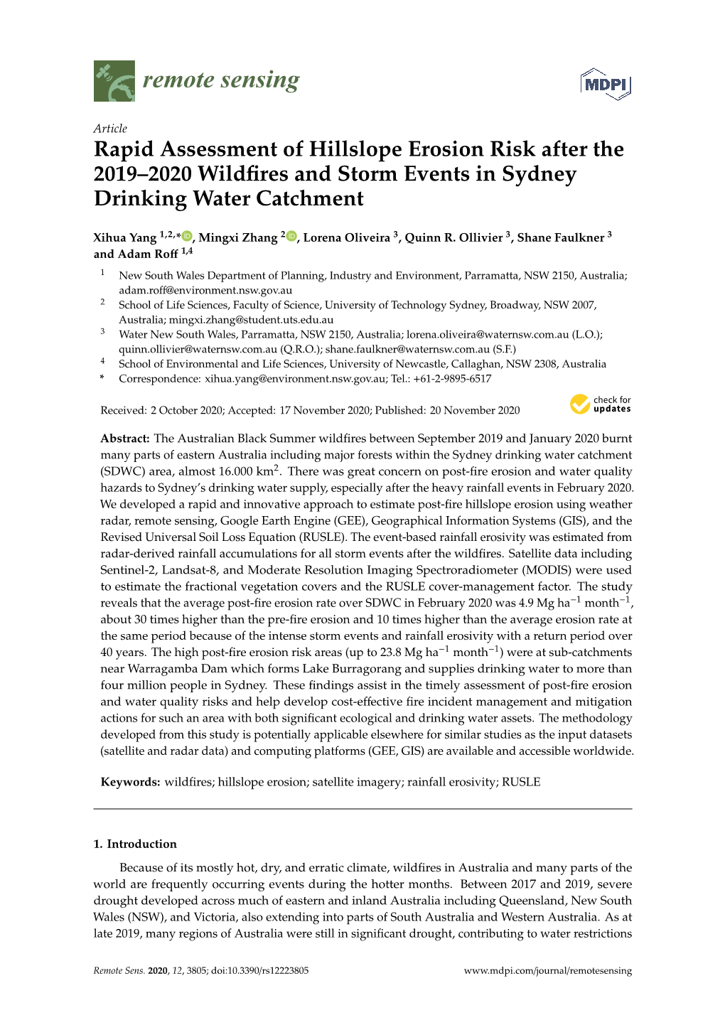 Rapid Assessment of Hillslope Erosion Risk After the 2019–2020 Wildﬁres and Storm Events in Sydney Drinking Water Catchment