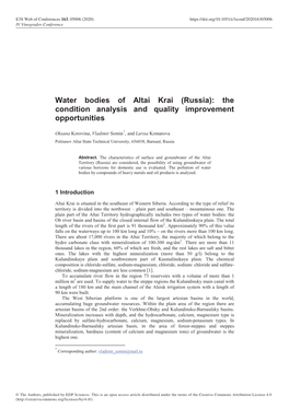 Water Bodies of Altai Krai (Russia): the Condition Analysis and Quality Improvement Opportunities