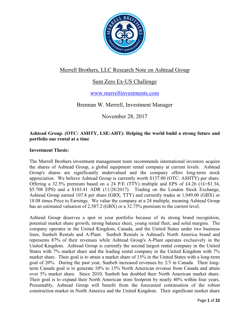 Merrell Brothers, LLC Research Note on Ashtead Group Sum Zero Ex-US