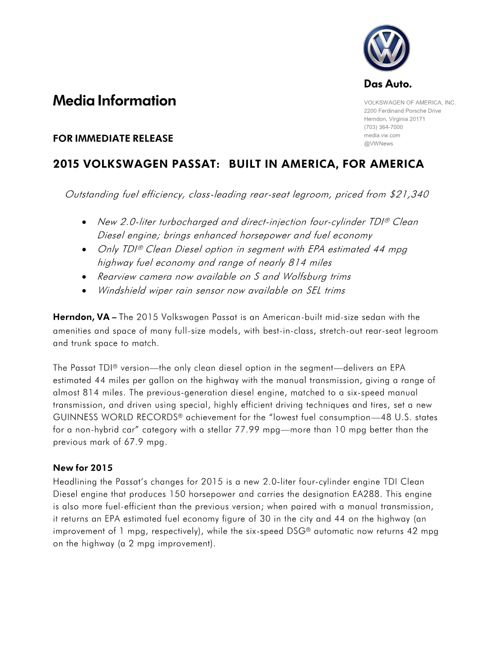Media Information VOLKSWAGEN of AMERICA, INC