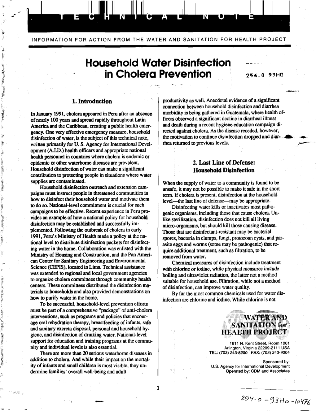 Household Water Disinfection in Cholera Prevention 254.0 93HO