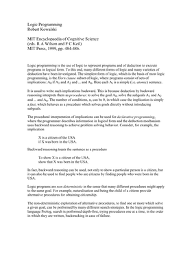 Logic Programming Robert Kowalski MIT Encyclopaedia of Cognitive