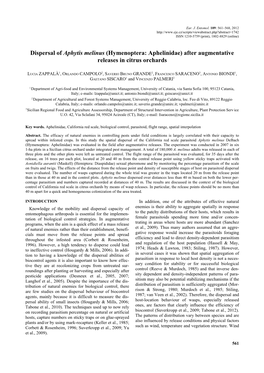 Dispersal of Aphytis Melinus (Hymenoptera: Aphelinidae) After Augmentative Releases in Citrus Orchards