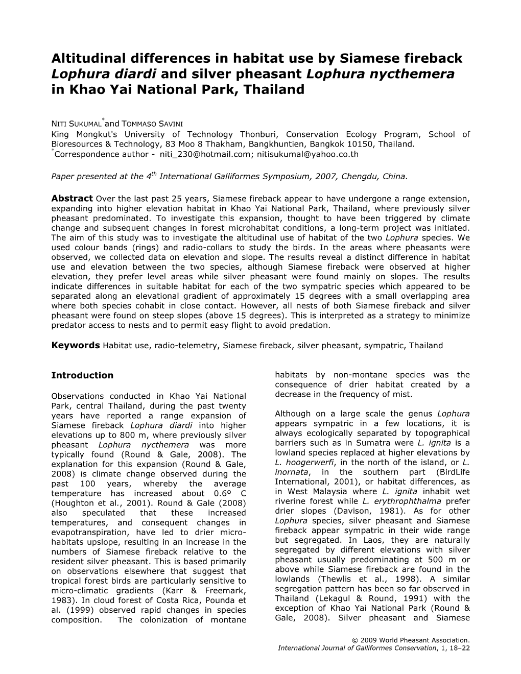 Altitudinal Differences in Habitat Use by Siamese Fireback Lophura Diardi and Silver Pheasant Lophura Nycthemera in Khao Yai National Park, Thailand