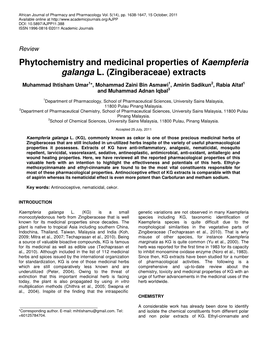 Phytochemistry and Medicinal Properties of Kaempferia Galanga L