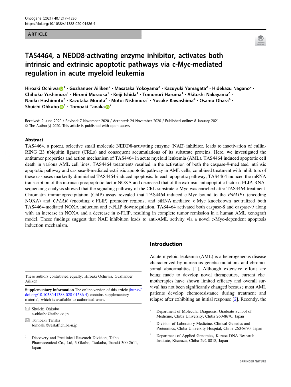 TAS4464, a NEDD8-Activating Enzyme Inhibitor, Activates Both Intrinsic and Extrinsic Apoptotic Pathways Via C-Myc-Mediated Regulation in Acute Myeloid Leukemia