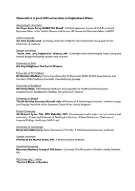 Chancellors of Post-1992 Universities in England and Wales