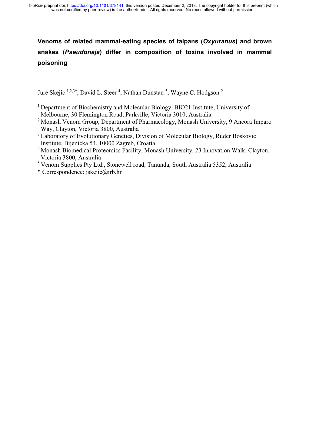 (Oxyuranus) and Brown Snakes (Pseudonaja) Differ in Composition of Toxins Involved in Mammal Poisoning