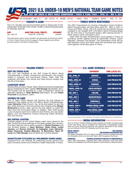 2021 U.S. Under-18 Men's National Team Game Notes 2021 Iihf Under-18 Men's World Championship | Frisco & Plano, Texas | April 26 - May 6, 2021