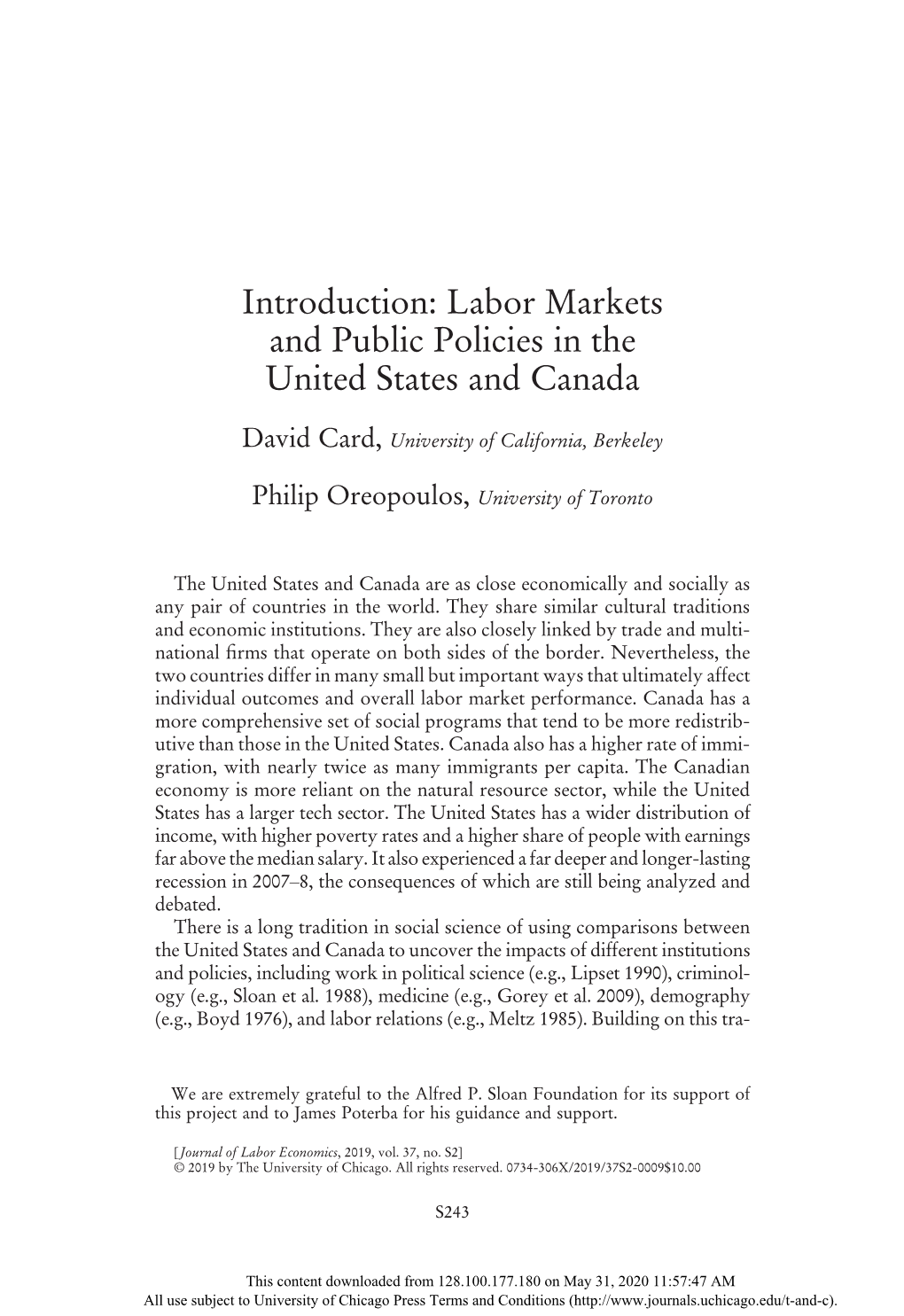 Introduction: Labor Markets and Public Policies in the United States and Canada