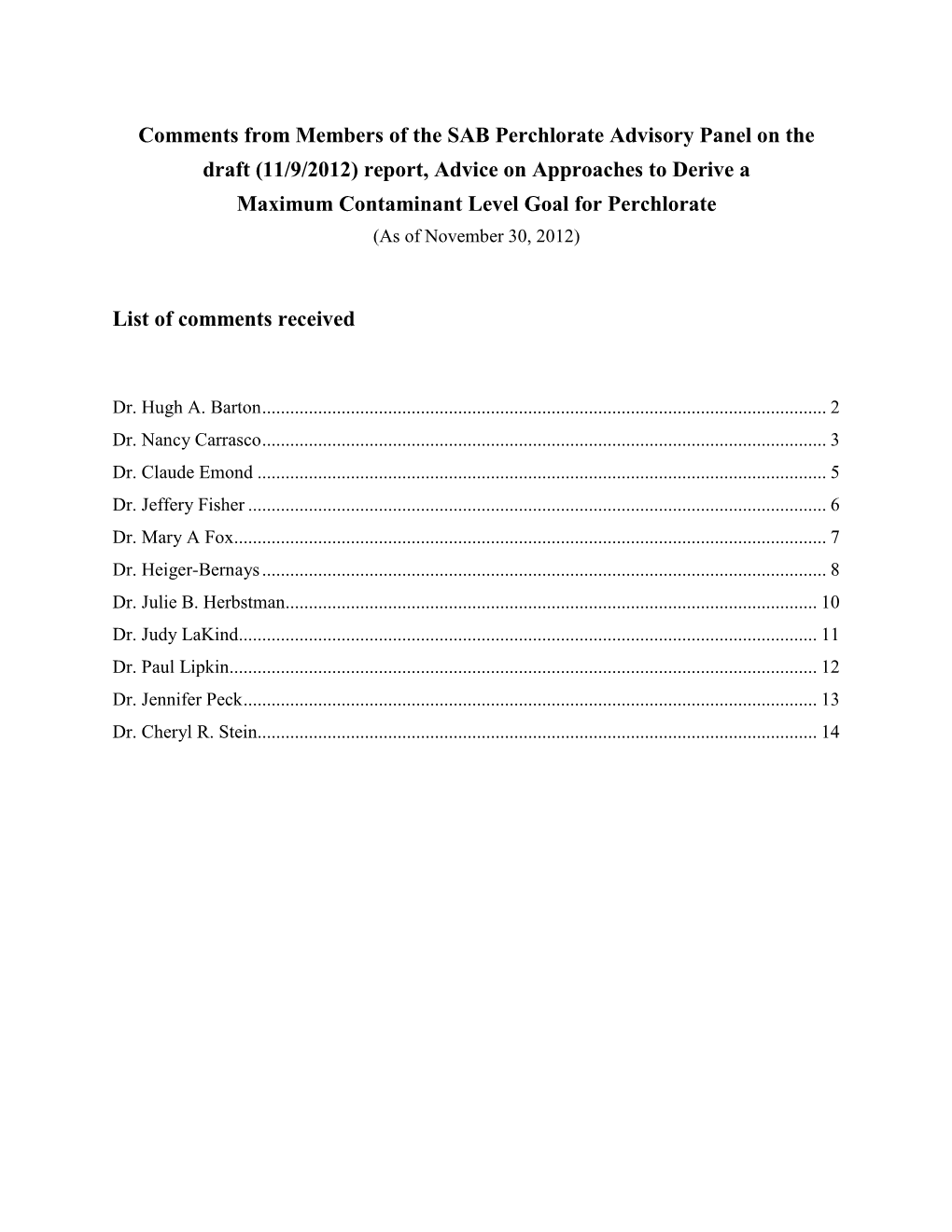 Comments from Members of the SAB Perchlorate Advisory Panel on the Draft