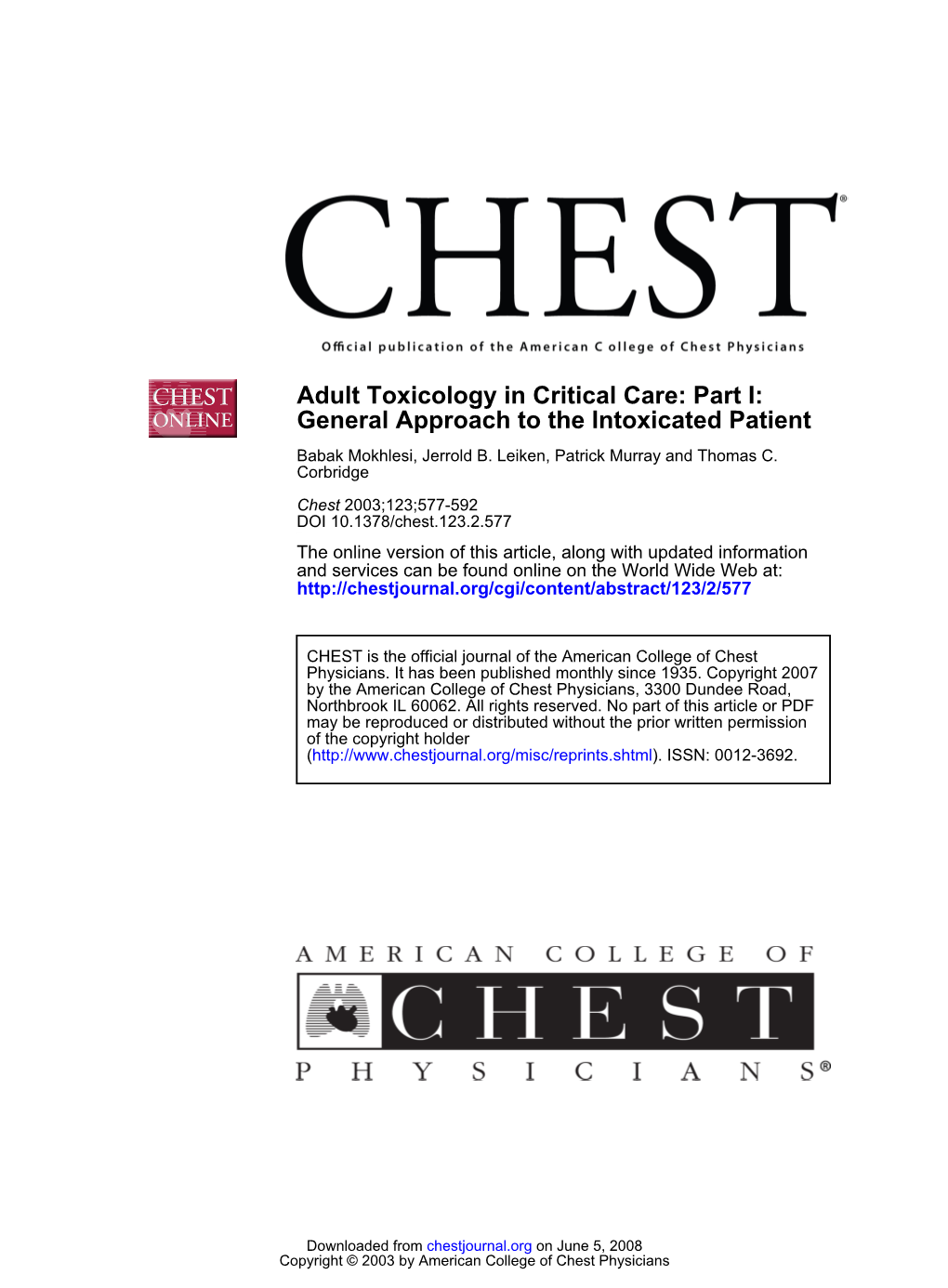 Toxicology in Critical Care: Part I: General Approach to the Intoxicated Patient