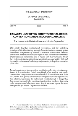 Canada's Unwritten Constitutional Order: Conventions and Structural Analysis
