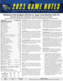 Oklahoma City Dodgers (22-21) Vs. Sugar Land Skeeters (25-17) RHP Mitch White (0-0, 4.50 ERA) Vs