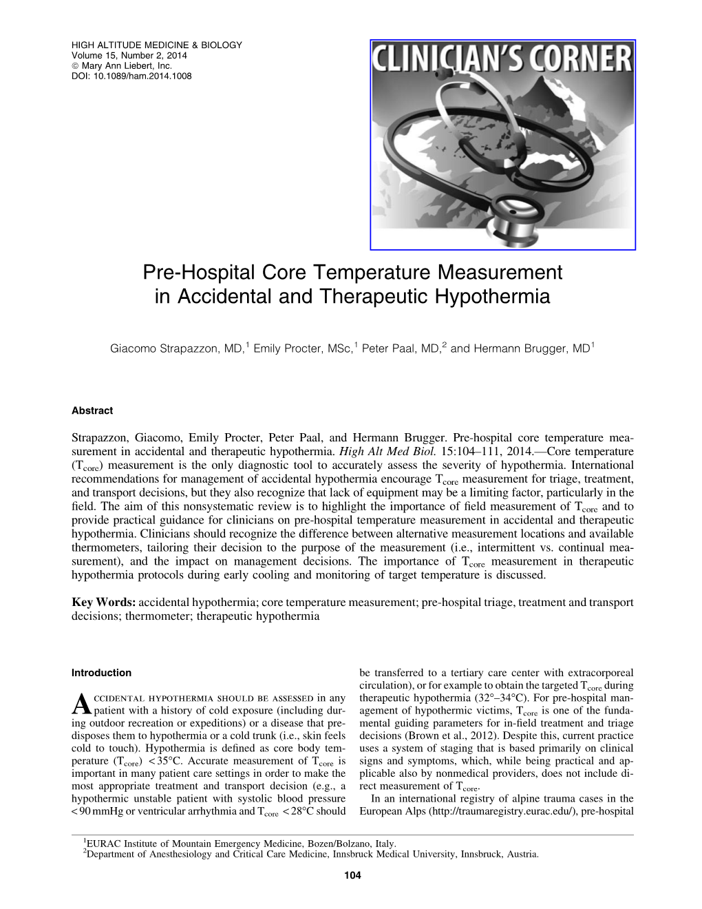 Pre-Hospital Core Temperature Measurement in Accidental and Therapeutic Hypothermia